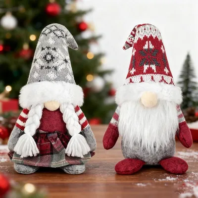 Productafbeelding van Kerstkabouter Pluche - Decoratiefiguur - 29 cm - Rood en grijs