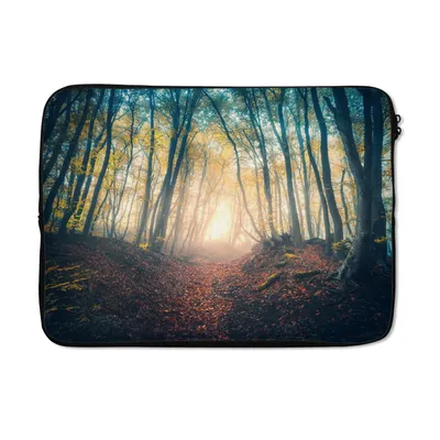 Produktbild von MuchoWow® Laptop Hülle 13 Zoll Wald - Nebel - Sonne - Herbst Laptoptasche - Laptophülle - Sleeve - Rundumschutz