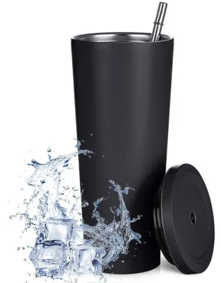 Produktbild von 750-ml-Reisebecher, doppelwandiger Edelstahlbecher, vakuumisolierte Wasserflasche, isolierter Wasser- und Kaffeebecher, doppelwandiger Becher mit Strohhalm, Bürste und Deckel, Schwarz