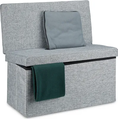 Produktbild von Relaxdays, faltbarer Sitzhocker mit Lehne, aus Leinen, grau und braun, 0,73x0,76x0,77 m (HxBxT), ca. 77 L Stauraum, zusammenklappbar auf 12x76x38 cm, für Kinderzimmer, Wohnzimmer & Küche, als Fußablage