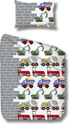 Produktbild von aboutyourhome bettwäsche Kinder Bettwäsche Baumwolle Biber 135x200  80x80 cm Set 2tlg. Baufahrzeuge Grau
