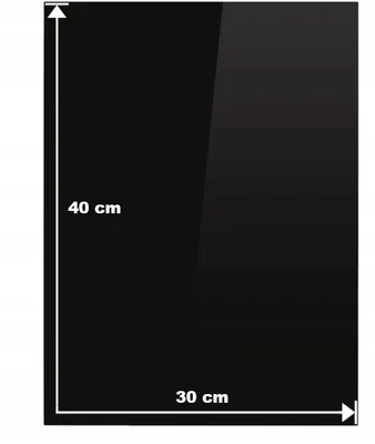 A black rectangular glass plate with dimensions indicated.
