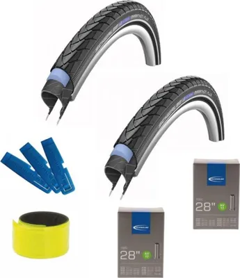 Image de Schwalbe MARATHON PLUS 28x1,50 + 2 chambres à air AV17 + démonte-pneu + bande réfléchissante