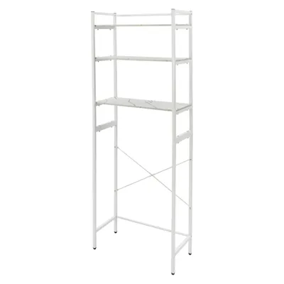 A tall, white, metal shelving unit designed to fit over a washing machine.