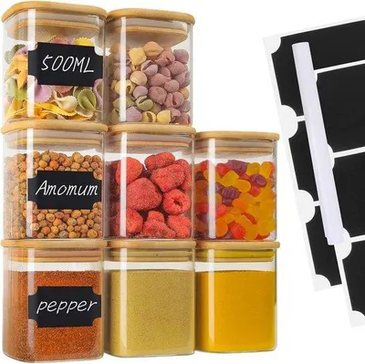 Image de Set de 8 récipients à provisions et pots à épices - empilables - avec couvercle en bois