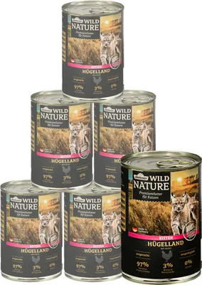 Produktbild von Dehner Wild Nature Katzenfutter Hügelland Kitten, Nassfutter getreidefrei / zuckerfrei, für junge Katzen, Huhn, 6 x 400 g Dose (2.4 kg)