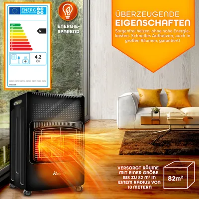 Obrázek produktu pro TRESKO® 4200 W plynový ohřívač černý včetně regulátoru tlaku plynu plynová hadice + kryt | plynový ohřívač plynový ohřívač keramický se 3 úrovněmi | infračervený plynový ohřívač sálavý ohřívač pro plynové lahve na butan nebo propan do 15 kg