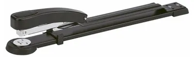 A black stapler is shown on a white background.