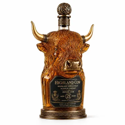 Produktbild von Whisky Dekanter Rindkopf 350ml, Hochwertige Glasflasche mit Goldverzierung, Spirituosen Flasche für Whisky Liebhaber & Geschenk