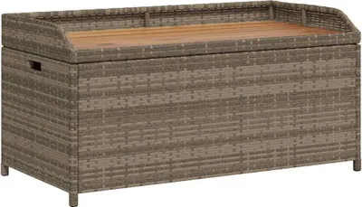 A storage bench made of poly rattan with a wooden top, shown from the front.