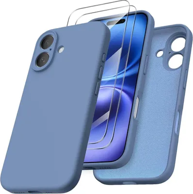 Produktbild von ORNARTO iPhone 16 Hülle Kameraschutz 2 Schutzfolien Flüssiges Silikon Handyhülle 6.1 Zoll Blau
