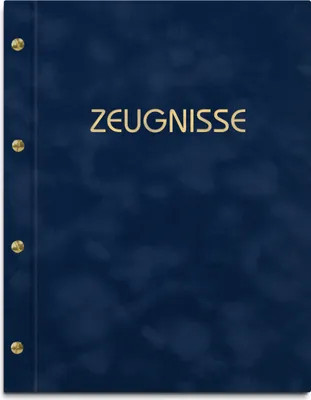 Produktbild von Zeugnismappe in blauem Samteinband mit hochwertigem Prägedruck in gold – handgefertigte Mappe für Zeugnisse inkl. 12 Sichthüllen