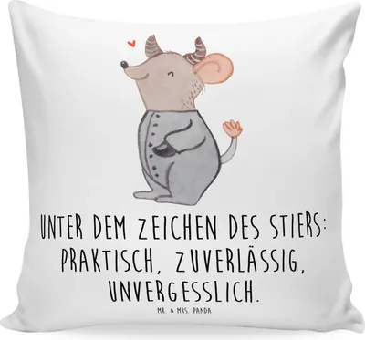 Produktbild von Mr. & Mrs. Panda Kuschel Kissen Stier Astrologie - Weiß - Geschenk, Sternzeichen, Tierkreiszeichen, bedruckt, Geburtstagsgeschenk, Sofa, Kuschelkissen, Dekokissen, couch