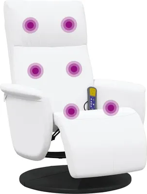 A white massage chair with purple circular overlays indicating massage points, and a remote control.
