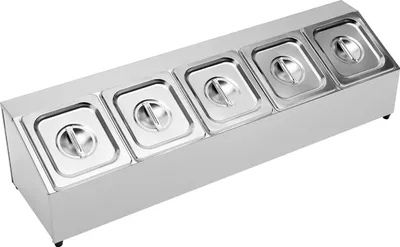 Produktbild von Gewürzregal/Gewürzständer - Arbeitsplattenständer aus Edelstahl - Set mit 5 GN 1/6 Behältern - Geneigter Halter - Für Gewürze, Saucen, Marmelade - Hellgrau
