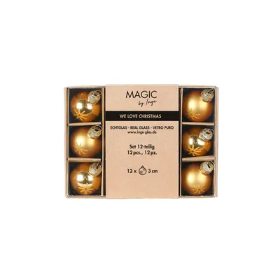 Produktbild von Weihnachtskugeln Glas 3cm Schneeflocken Motiv 12er Set Inkagold