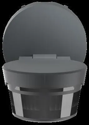 A dark gray motion detector with its lid open, isolated on a black background.