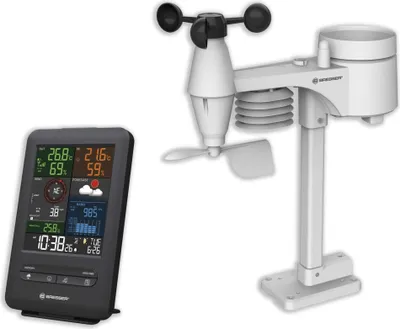A weather station display and outdoor sensor unit are shown against a white background.