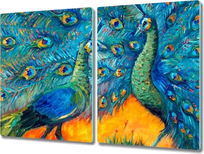 Produktbild von Coloray Hackbrett Küchenbrett Kochplattenabdeckung Schneidebrett Herdabdeckplatte 2x40x52 cm - Tiere Vögel Pfauen