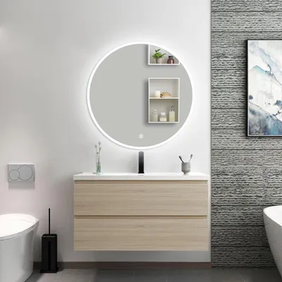 Image de Acezanble Ensemble de meubles de salle de bain 99x 46x 52 avec vasque + miroir lumineux, Suspendu, Matte, Chêne