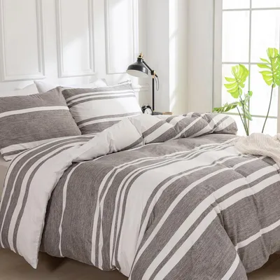 Obrázok produktu pre Sada posteľnej bielizne 240x220 cm, 3-dielna, s pruhmi, sivá, vyrobená z mikrovlákna, so zipsom