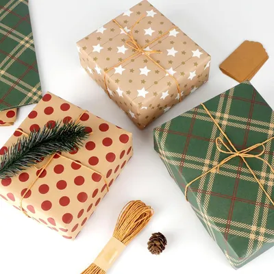Produktbild von Geschenkpapier Set - 8 Bögen mit 8 Designs Enthält 10 Geschenkanhänger & 2 Rollen Schnur - Perfekt für Geburtstage, Weihnachten & festliche Anlässe