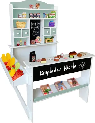 Produktbild von Kaufladen Nicola Kinder Kaufmannsladen aus Holz, Verkaufsstand Theke, Tafel, Seitentheke & Schublade Marktstand als tolles Geschenk, Grün