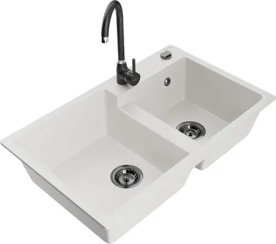Produktbild von Mexen Tomas 2-Becken-Granitspüle mit Mischbatterie Telma, Weiß - 6516-20-670200-70