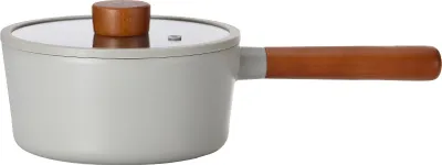 A single saucepan with a glass lid and wooden handle is shown against a white background.