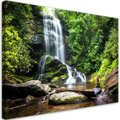 Produktbild von Leinwandbild Wasserfall im grünen Wald 90x60 Feeby Grün bild für die wand bereit zum aufhängen