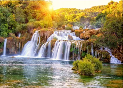 Produktbild von Fototapete Wasserfall 3D Effekt Wald Natur See 400x280 cm - inkl. Kleister - für Wohnzimmer Schlafzimmer Flur Modern Vlies Tapete Vliestapete Wandtapete Motivtapeten UV-Beständig