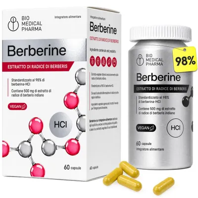 Immagine prodotto di Berberina Pura 500 mg - Integratore Berberis aristata 98% HCl - 60 Capsule