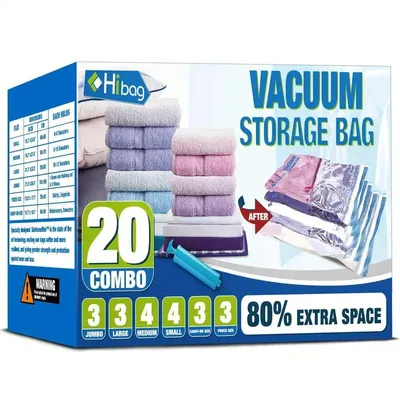 Image de 20x Set de sacs sous vide avec pompe - Stocker les vêtements & couvertures en économisant de la place - 6 tailles - Sacs de rangement pour le voyage, le déménagement & la maison