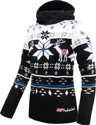 Produktbild von Nebulus Norweger Strick-Hoodie NORJAN Damen, warmer Hoody , schicker Pullover im Norweger-Style , P6185 - Damen, schwarz-weiß, S/36