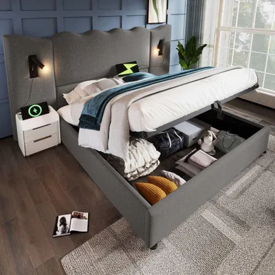 Productafbeelding van Boxspringbed, 180 x 200 cm, grijs, met leeslamp, USB-poort, Type-C poort, opbergruimte, linnen bekleding en een lattenbodem van hout en metaal, zonder matras