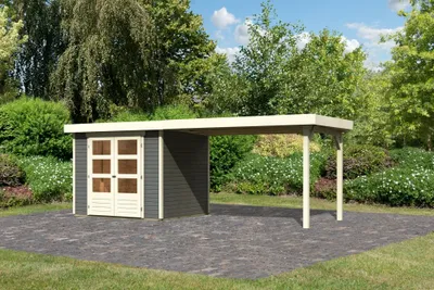 Produktbild von Karibu Gartenhaus Gerätehaus Askola 3 im Set mit Anbaudach 2,80 m Breite terragrau 497x217x211 cm