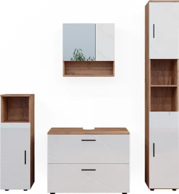 Produktbild von Badmöbel-Set Vicco Irma Weiß Hochglanz/Goldkraft Eiche 4 Teile, mit Schubladenschrank und Hochschrank, Model 40545