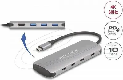 Produktbild von DeLOCK 64323, USB 3.2 Gen 2 (3.1 Gen 2) Type-C, HDMI, USB 3.2 Gen 2 (3.1 Gen 2) Type-A, USB 3.2 Gen 2 (3.1 Gen 2) Type-C, 10000 Mbit/s, 60 Hz, Grau, Aluminium