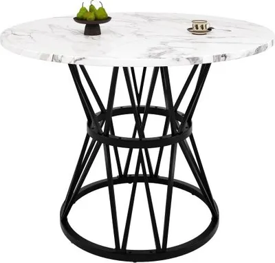 Produktbild von Runder Esstisch 100x100x76cm Kuechen-Esstisch Couchtisch 4 Personen Stilvolle Metallbeine MDF Marmor-Tischplatte Schwarz Geeignet Esszimmer Wohnzimmer