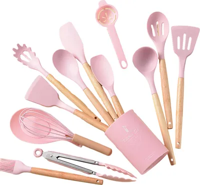 Produktbild von Silikon-Küchengeschirr-Set mit Holzgriffen, hitzebeständig, Pfannenwender, Zange, Spatel, Löffel, Bürste, Schneebesen, antihaftbeschichtete Kochutensilien