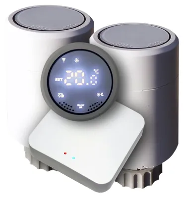 Imagen del producto de XTENDLAN THL03: Kit inteligente Zigbee con puerta y 2 termostatos con pantalla en la parte superior