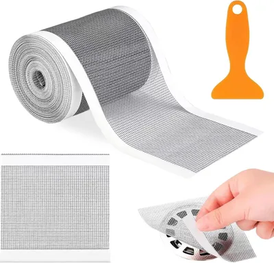 Produktbild von Einweg-Gitterrost, 10 cm x 10 m - Für Duschabflüsse - Haareinfang - Duschablaufgitter - Mit selbstklebendem Netz - Spülfilter-Aufkleber - Mit Kunststoffspatel - Für Badezimmer - Für Badewannen