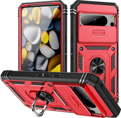 Immagine prodotto di Custodia per Google Pixel 8 protezione fotocamera scorrevole, resistente agli urti, con supporto ad anello, supporto e porta carte di credito Rosso