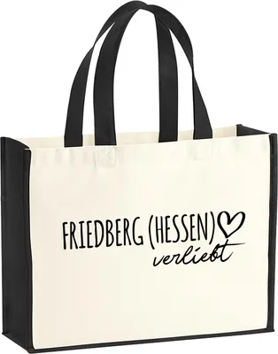 Produktbild von Huuraa Jutetasche Friedberg Hessen verliebt 21 Liter Black Jute und Baumwolle Einkaufstasche Geschenkidee
