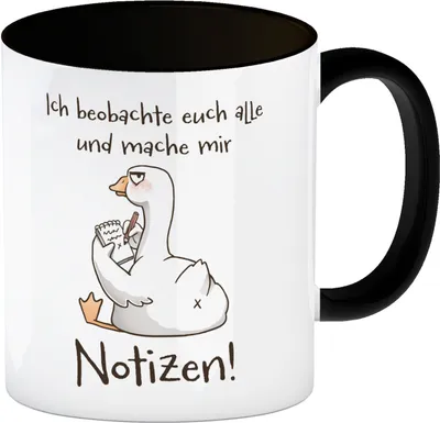 Produktbild von Gilbert die Gans Kaffeebecher in schwarz mit Spruch Ich mache mir Notizen