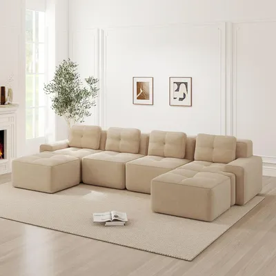 Produktbild von Modulares U-Form Sofa mit Chaiselongue, 4-Sitzer Corduroy-Wohnsofa, Tiefsitz-Design, montagefrei, rutschfest
