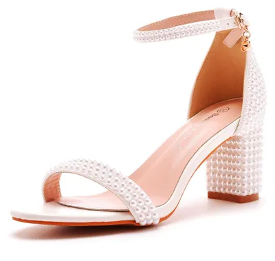 Produktbild von 7,5 cm große Blockabsatz-Sandalen mit Perlen und Strasssteinen für Damen, klobig
