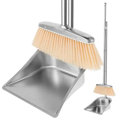 Image de Ensemble de balayage : pelle à poussière et balai à long manche, kit de balayage, balai et pelle en acier inoxydable, ensemble balai et pelle à poussière, réglable, nettoyage ultra-efficace