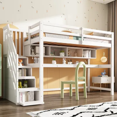 Produktbild von Merax Etagenbett 90x200cm mit Schreibtisch und Treppe, Kieferholz Kinderbett Hochbett, natürlich und weiß