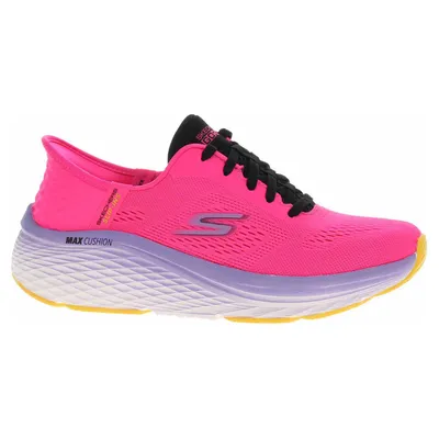 A side view of a pink Skechers running shoe with purple and white accents.